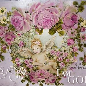SHABBY CHIC CHERUB Garland Pink Roses Canvas Print